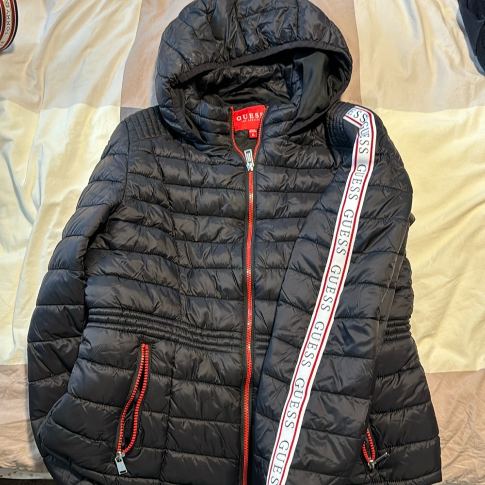 Black short puffer logo sleeves